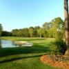 A view of a green with water and sand traps on the left side at Blackmoor Golf Club