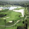Aerial view of green guarded by bunkers at Willbrook Plantation Golf Club