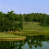 A view of green surrounded by water at Cobblestone Park Golf Club